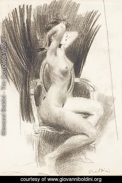 Giovanni Boldini - A female nude seated in an armchair in profile to the right