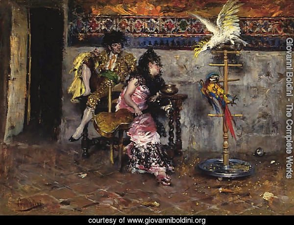 Couple in Spanish dress with two parrots (El Matador)