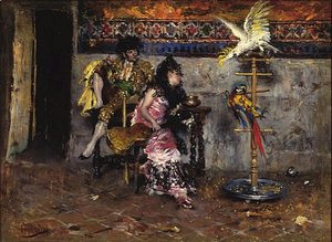 Couple in Spanish dress with two parrots (El Matador)