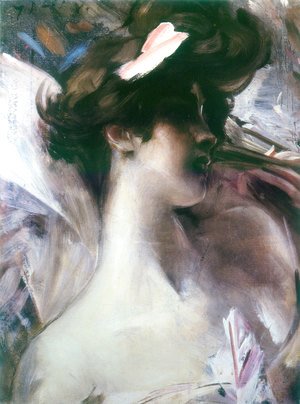 Giovanni Boldini - Young woman's head on a pink background